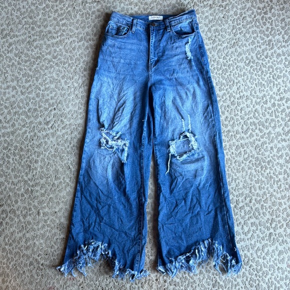 Vibrant Miu Want it Bad Fringe Distressed High Rise Wide Leg Jeans, size 27 - Picture 4 of 9